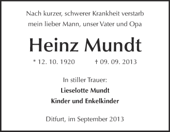 Traueranzeige von Heinz Mundt von WVG - Wochenspiegel Quedlinburg