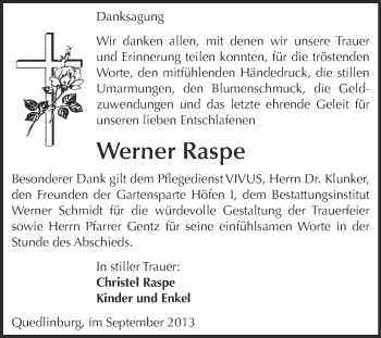 Traueranzeige von Werner Raspe von WVG - Wochenspiegel Quedlinburg