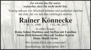 Traueranzeige von Rainer Könnecke von WVG - Wochenspiegel Quedlinburg