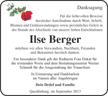 Traueranzeige von Ilse Berger von WVG - Wochenspiegel Quedlinburg