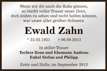 Traueranzeige von Ewald Zahn von Super Sonntag Zeitz