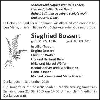 Traueranzeige von Siegfried Bossert von Super Sonntag Quedlinburg