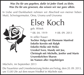 Traueranzeige von Else Koch von WVG - Wochenspiegel Merseburg