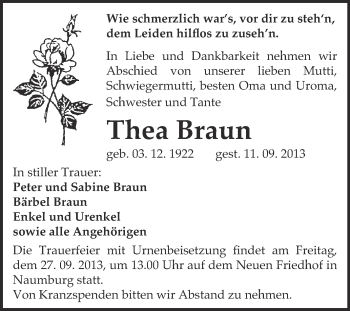 Traueranzeige von Thea Braun von WVG - Wochenspiegel NMB / WSF / ZTZ