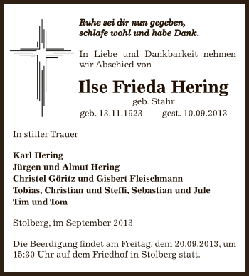 Traueranzeige von Ilse Frieda Hering von WVG - Wochenspiegel SGH