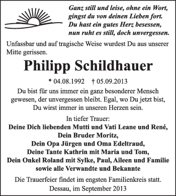 Traueranzeige von Philipp Schildhauer von Super Sonntag Dessau / Köthen