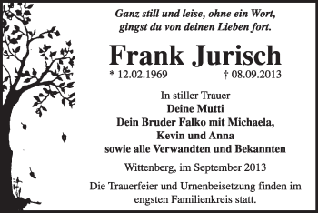 Traueranzeige von Frank Jurisch von WVG - Wochenspiegel Wittenberg