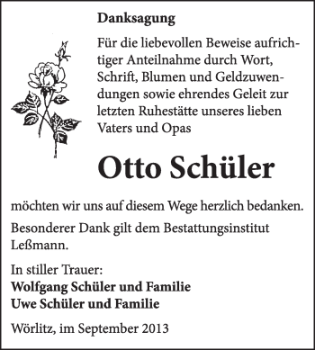 Traueranzeige von Otto Schüler von WVG - Wochenspiegel Wittenberg