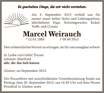Traueranzeige von Marcel Weirauch von Super Sonntag Bernburg