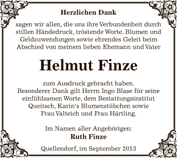 Traueranzeige von Helmut Finze von WVG - Wochenspiegel Dessau / Köthen