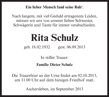 Traueranzeige von Rita Schulz von WVG - Wochenspiegel Aschersleben
