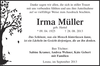 Traueranzeige von Irma Müller von Super Sonntag Merseburg