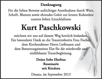 Traueranzeige von Kurt Paschowski von Super Sonntag Dessau / Köthen