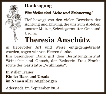 Traueranzeige von Theresia Anschütz von Super Sonntag Bernburg