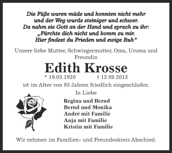 Traueranzeige von Edith Krosse von Super Sonntag Zeitz