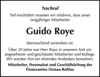 Traueranzeige von Guido Roye von Super Sonntag Dessau / Köthen