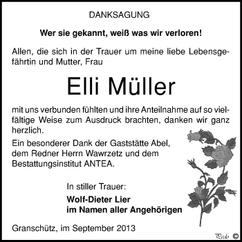 Traueranzeige von Elli Müller von WVG - Wochenspiegel NMB / WSF / ZTZ