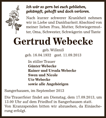 Traueranzeige von Gertrud Webecke von Super Sonntag SGH Mansf. Land