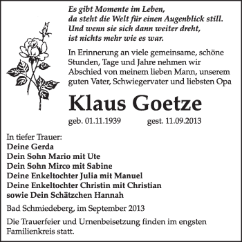 Traueranzeige von Klaus Goetze von WVG - Wochenspiegel Wittenberg
