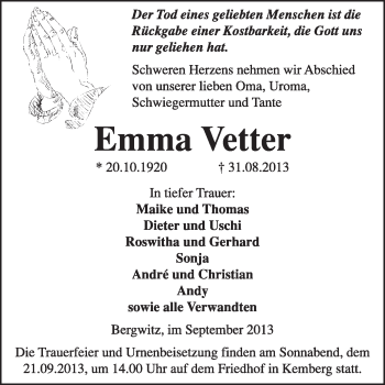 Traueranzeige von Emma Vetter von WVG - Wochenspiegel Wittenberg