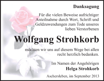 Traueranzeige von Wolfgang Strohkorb von WVG - Wochenspiegel Quedlinburg