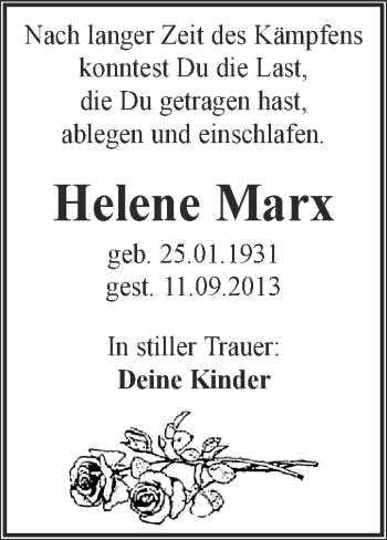 Traueranzeige von Helene Marx von WVG - Wochenspiegel Quedlinburg