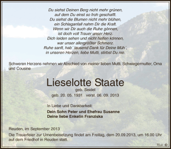Traueranzeige von Lieselotte Staate von Super Sonntag Zeitz