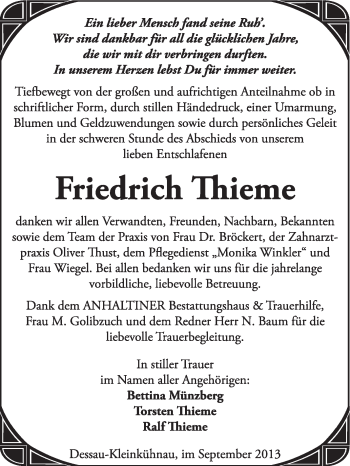 Traueranzeige von Friedrich Thieme von Super Sonntag Dessau / Köthen