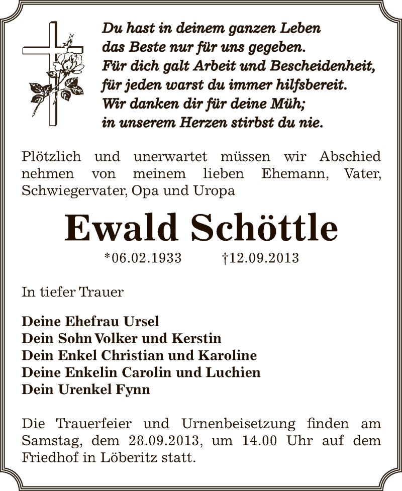  Traueranzeige für Ewald Schöttle vom 18.09.2013 aus WVG - Wochenspiegel Bitterfeld