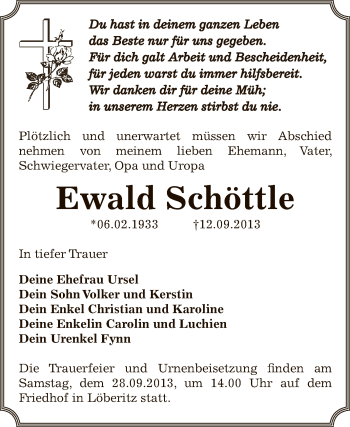 Traueranzeige von Ewald Schöttle von WVG - Wochenspiegel Bitterfeld
