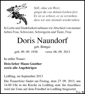 Traueranzeige von Doris Naundorf von WVG - Wochenspiegel NMB / WSF / ZTZ