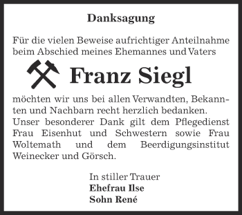 Traueranzeige von Franz Siegl von Super Sonntag Bernburg