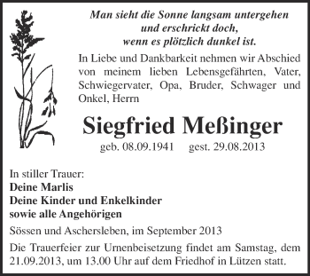 Traueranzeige von Siegfried Meßinger von WVG - Wochenspiegel Merseburg