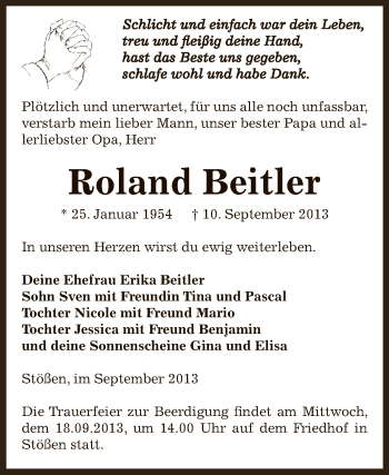 Traueranzeige von Roland Beitler von Super Sonntag Zeitz