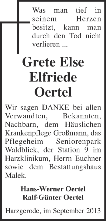 Traueranzeige von Grete Else Elfriede Oertel von Super Sonntag Quedlinburg