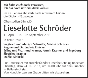 Traueranzeige von Lieselotte Schröder von WVG - Wochenspiegel Quedlinburg