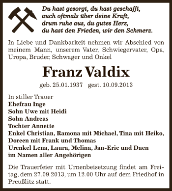 Traueranzeige von Franz Valdix von Super Sonntag Bernburg