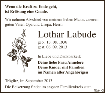 Traueranzeige von Lothar Labude von Super Sonntag Zeitz