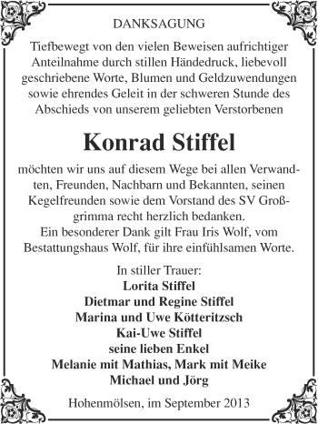 Traueranzeige von Konrad Stiffel von WVG - Wochenspiegel NMB / WSF / ZTZ