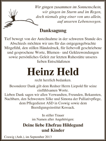 Traueranzeige von Heinz Held von WVG - Wochenspiegel Dessau / Köthen