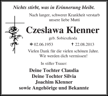 Traueranzeige von Czeslawa Klenner von WVG - Wochenspiegel Dessau / Köthen