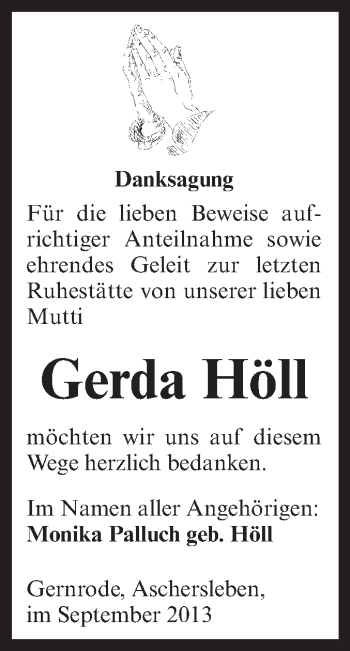 Traueranzeige von Gerda Höll von Super Sonntag Aschersleben