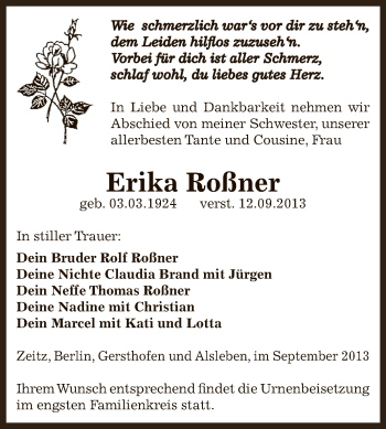 Traueranzeige von Erika Roßner von Super Sonntag Zeitz