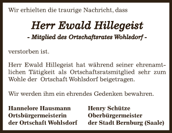 Traueranzeige von Ewald Hillegeist von Super Sonntag Bernburg