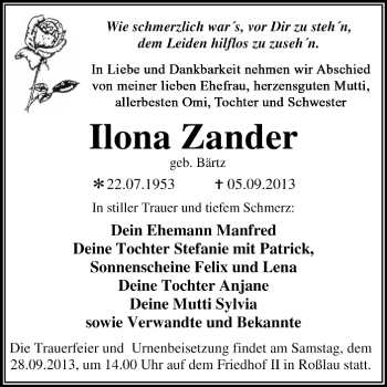 Traueranzeige von Ilona Zander von Super Sonntag Dessau / Köthen
