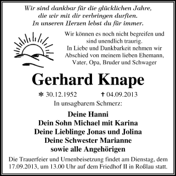 Traueranzeige von Gerhard Knape von Super Sonntag Dessau / Köthen