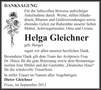 Traueranzeige von Helga Geichner von WVG - Wochenspiegel Aschersleben