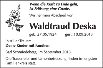 Traueranzeige von Waltraud Deska von WVG - Wochenspiegel Wittenberg