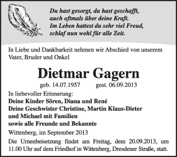 Traueranzeige von Dietmar Gagern von WVG - Wochenspiegel Wittenberg