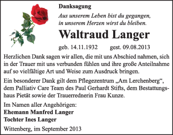 Traueranzeige von Waltraud Langer von Super Sonntag Wittenberg